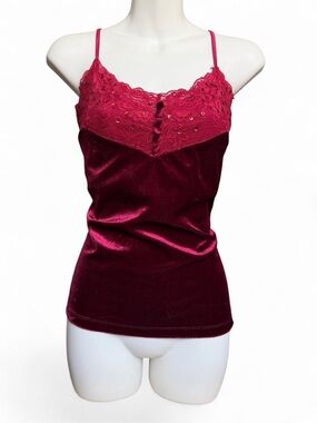 Lace-Trim Velvet Cami in Deep Berry Pink